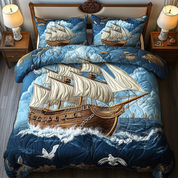 Peaceful Ocean Ship quilted 3-piece bedding set on a made bed in a light coastal bedroom