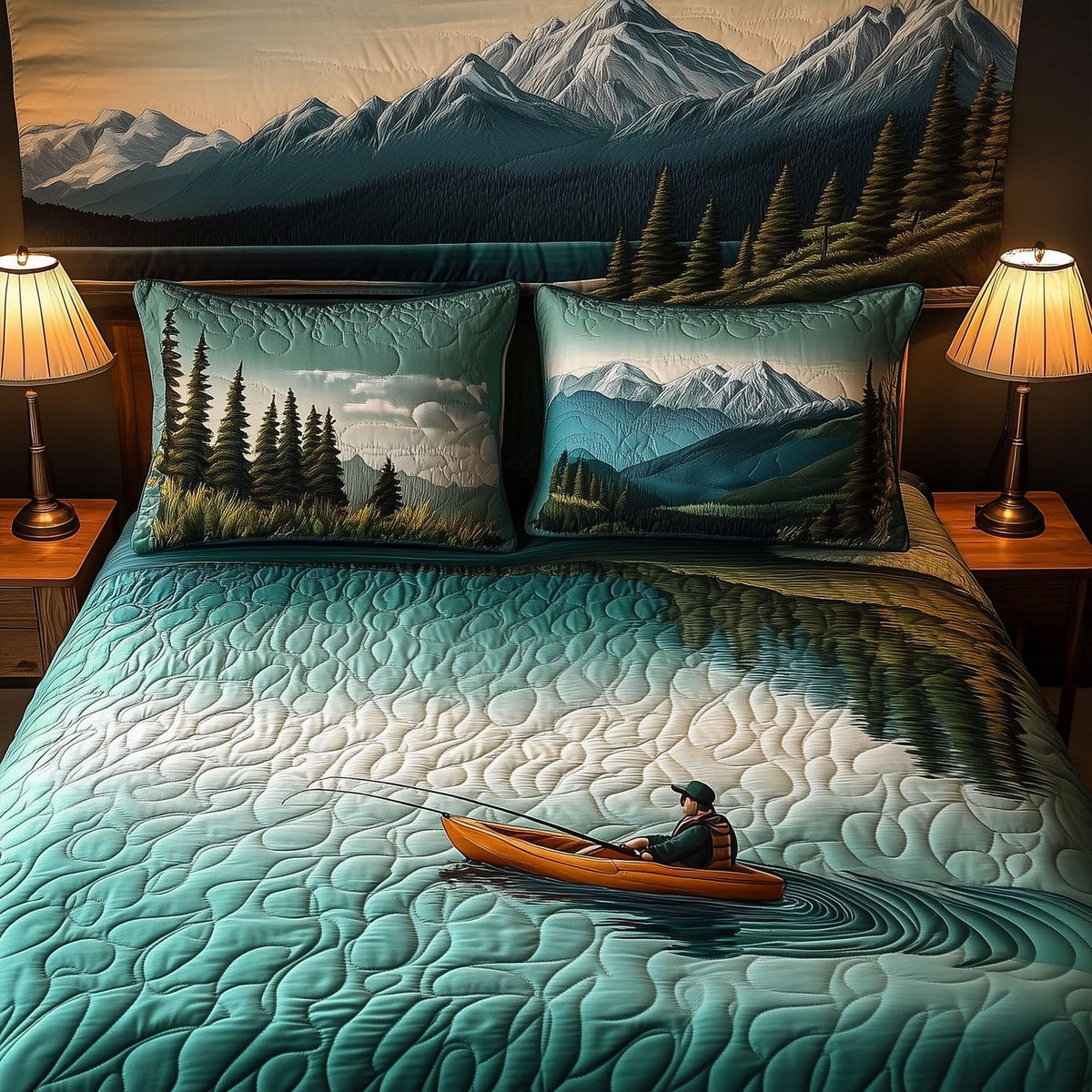 Peaceful Paddle quilted 3-piece bedding set on a made bed with two matching pillow shams
