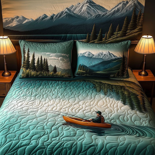 Peaceful Paddle quilted 3-piece bedding set on a made bed with two matching pillow shams