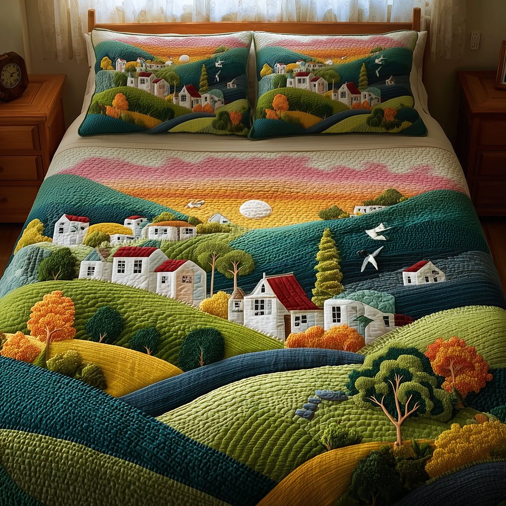 Peaceful Pastures quilted 3-piece bedding set on a made bed with two matching pillow shams