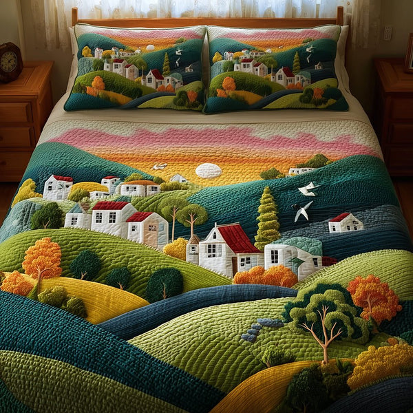 Peaceful Pastures quilted 3-piece bedding set on a made bed with two matching pillow shams