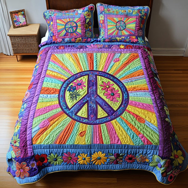 Peaceful Patchwork quilted 3-piece bedding set on a made bed in a farmhouse bedroom