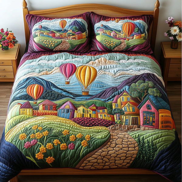 Peaceful Path quilted 3-piece bedding set on a made bed with two matching pillow shams