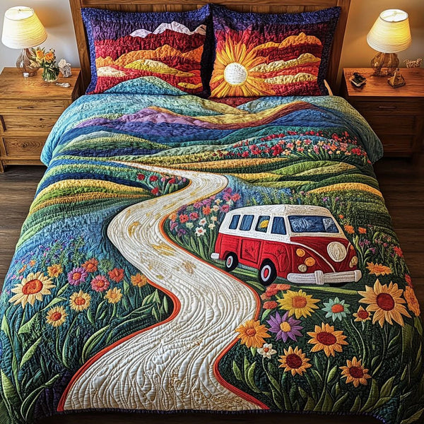 Peaceful Pathways quilted 3-piece bedding set on a made bed with two matching pillow shams