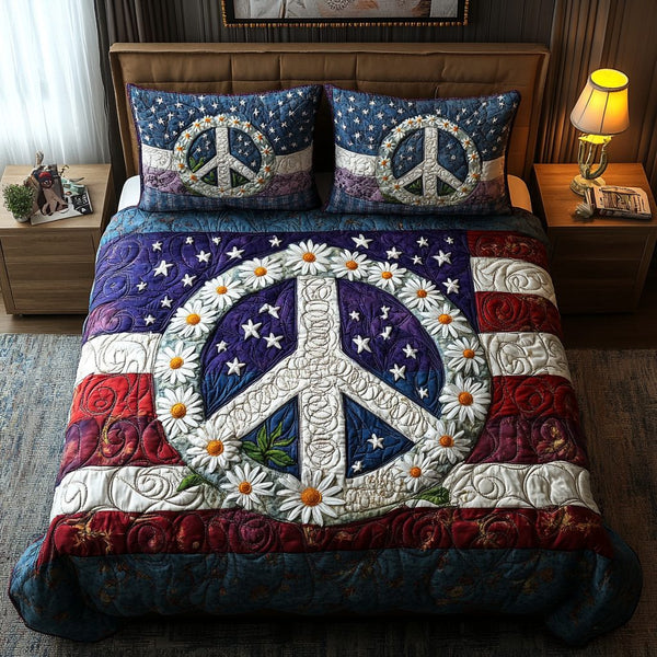 Peaceful Patriot quilted 3-piece bedding set on a made bed in a warmly lit bedroom