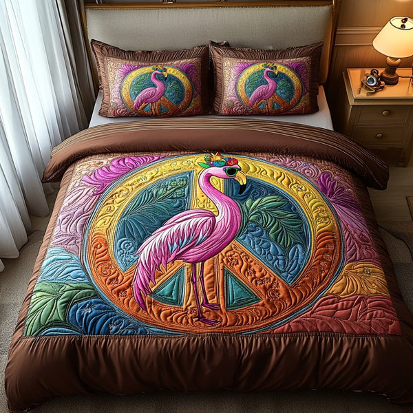 Peaceful Pink quilted 3-piece bedding set on a made bed with two matching pillow shams