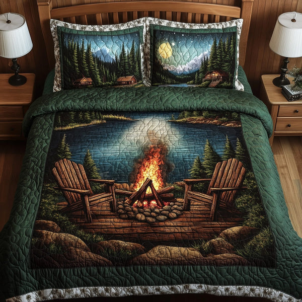 Peaceful Retreat quilted 3-piece bedding set on a made bed with two matching pillow shams