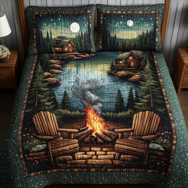 Peaceful Retreat quilted 3-piece bedding set on a made bed with two matching pillow shams