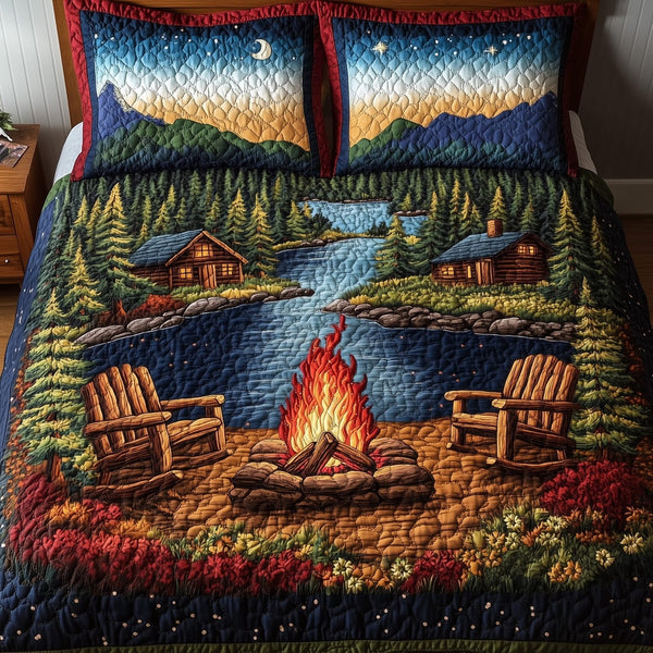 Peaceful Retreat quilted 3-piece bedding set on a made bed with two matching pillow shams