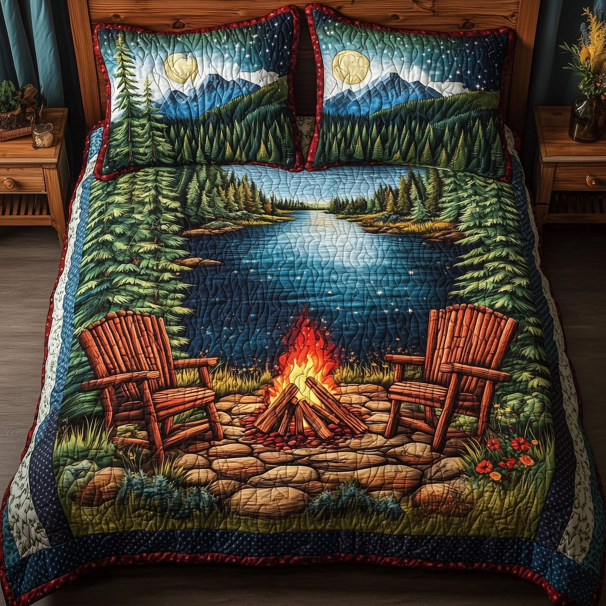 Peaceful Retreat quilted 3-piece bedding set on a made bed with two matching pillow shams