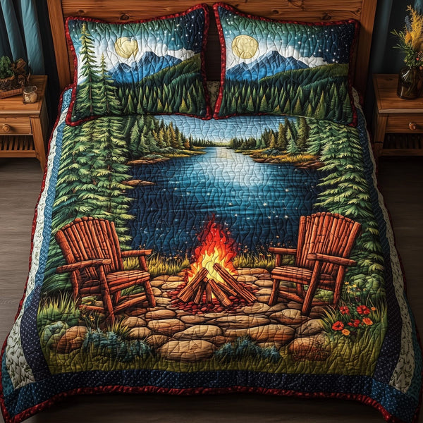 Peaceful Retreat quilted 3-piece bedding set on a made bed with two matching pillow shams