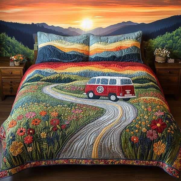 Peaceful Road to Tennessee quilted 3-piece bedding set on a made bed with two matching pillow shams