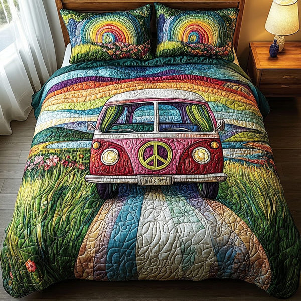 Peaceful Roads quilted 3-piece bedding set on a made bed with two matching pillow shams