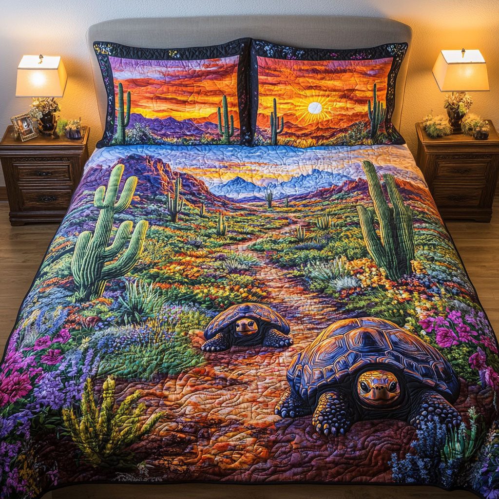 Peaceful Roamer quilted 3-piece bedding set on a made bed with two matching pillow shams
