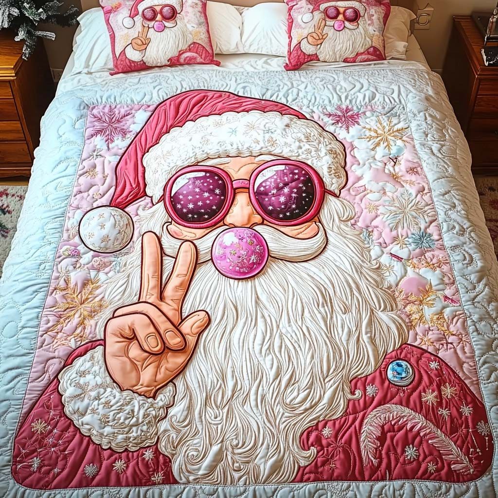 Peaceful Santa quilted 3-piece bedding set on a made bed in a winter-styled bedroom