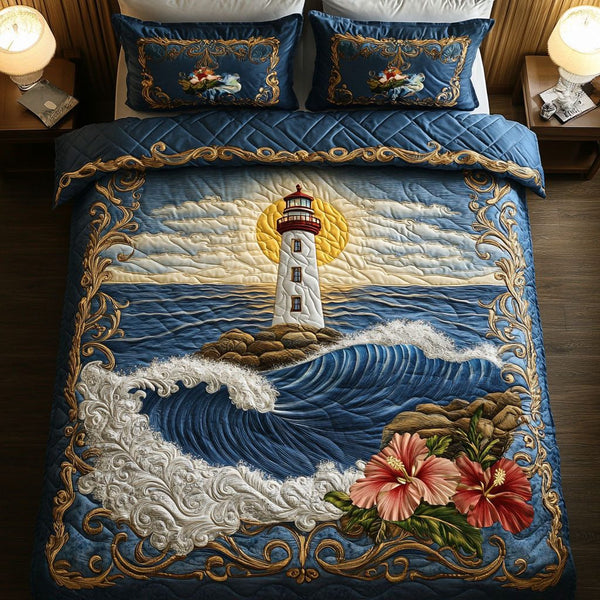 Peaceful Shores quilted 3-piece bedding set on a made bed in a light coastal bedroom