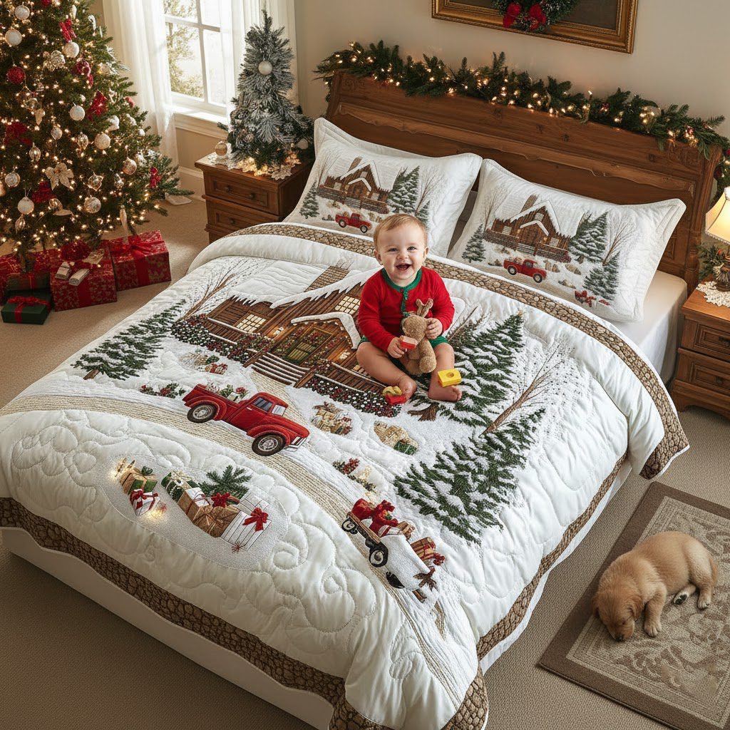 Peaceful Snow Cabin quilted 3-piece bedding set on a made bed with two matching pillow shams