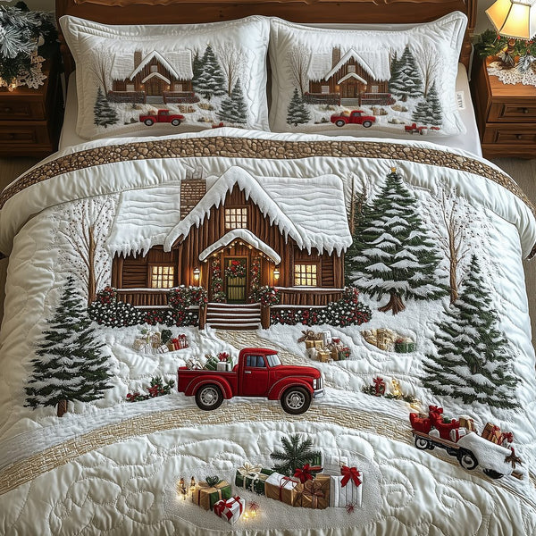 Peaceful Snow Cabin quilted 3-piece bedding set on a made bed with two matching pillow shams