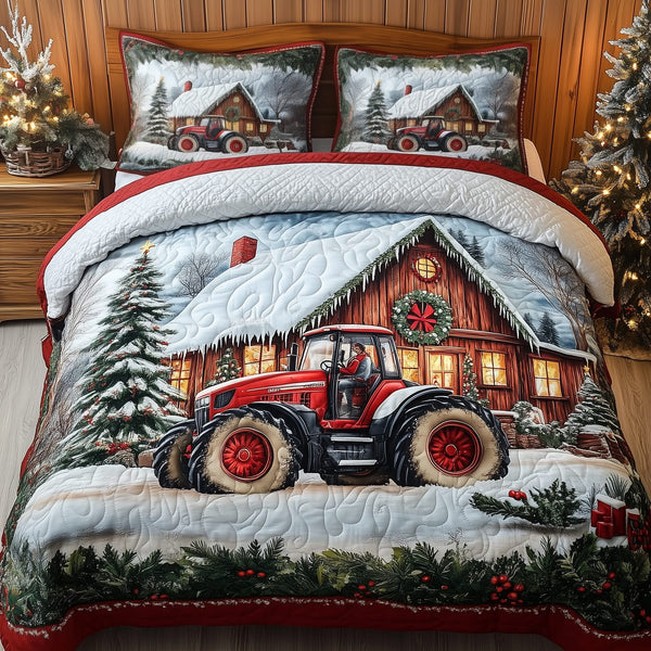 Peaceful Snowy Farmhouse quilted 3-piece bedding set on a made bed in a farmhouse bedroom