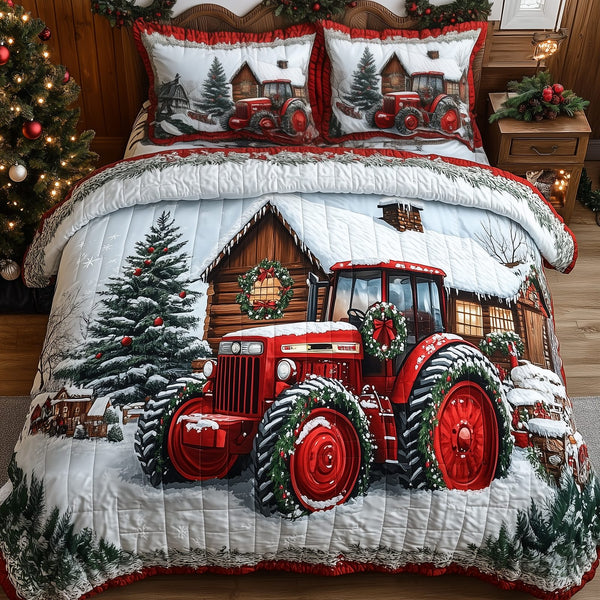 Peaceful Snowy Farmhouse quilted 3-piece bedding set on a made bed in a farmhouse bedroom