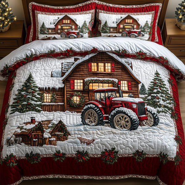 Peaceful Snowy Farmhouse quilted 3-piece bedding set on a made bed in a farmhouse bedroom