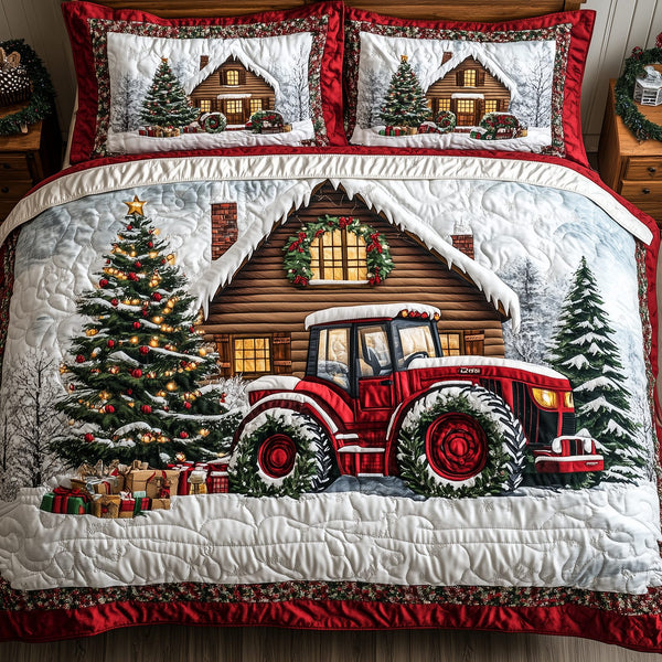 Peaceful Snowy Farmhouse quilted 3-piece bedding set on a made bed in a farmhouse bedroom