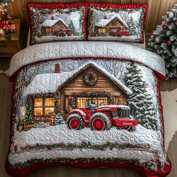 Peaceful Snowy Farmhouse quilted 3-piece bedding set on a made bed in a farmhouse bedroom