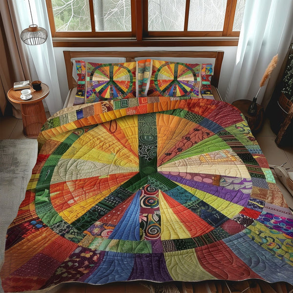 Peaceful Sunburst quilted 3-piece bedding set on a made bed with two matching pillow shams