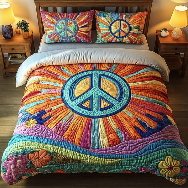 Peaceful Sunrise quilted 3-piece bedding set on a made bed with two matching pillow shams