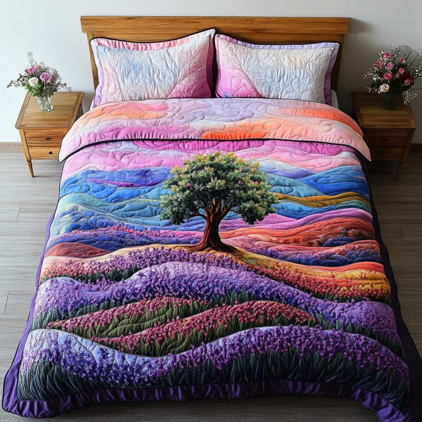 Peaceful Terrain quilted 3-piece bedding set on a made bed with two matching pillow shams