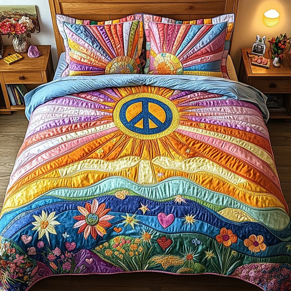 Peaceful Valley quilted 3-piece bedding set on a made bed with two matching pillow shams