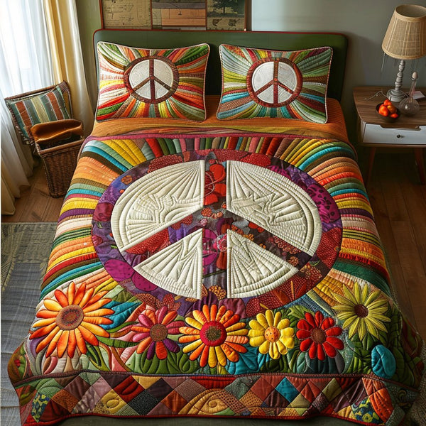 Peaceful Vibes quilted 3-piece bedding set on a made bed with two matching pillow shams