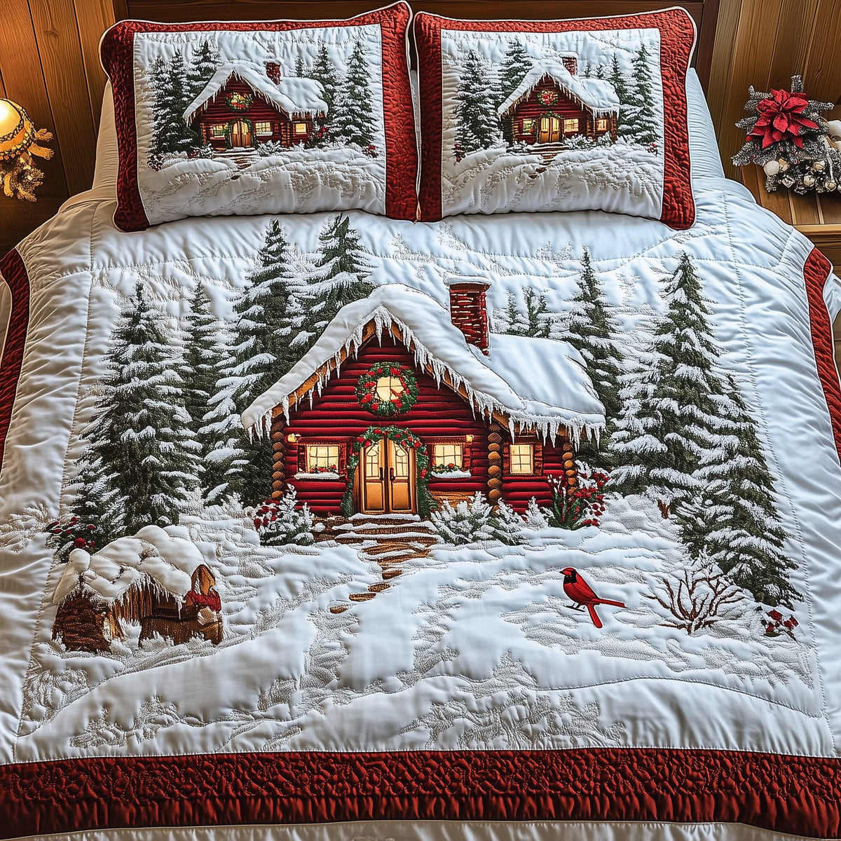 Peaceful Winter Cabin quilted 3-piece bedding set on a made bed in a winter-styled bedroom
