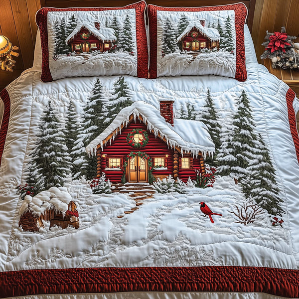 Peaceful Winter Cabin quilted 3-piece bedding set on a made bed in a winter-styled bedroom