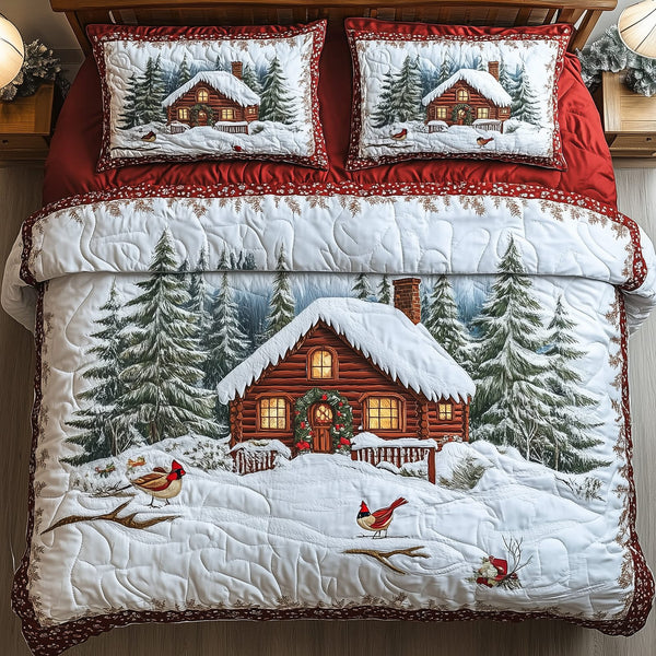 Peaceful Winter Cabin quilted 3-piece bedding set on a made bed in a winter-styled bedroom