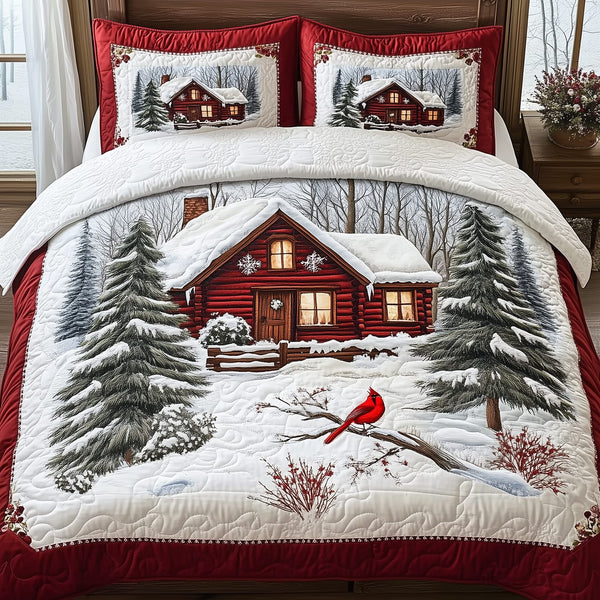 Peaceful Winter Cabin quilted 3-piece bedding set on a made bed in a winter-styled bedroom
