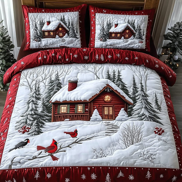 Peaceful Winter Cabin quilted 3-piece bedding set on a made bed in a winter-styled bedroom