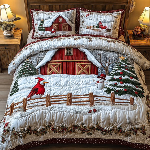 Peaceful Winter Farmhouse quilted 3-piece bedding set on a made bed in a winter-styled bedroom