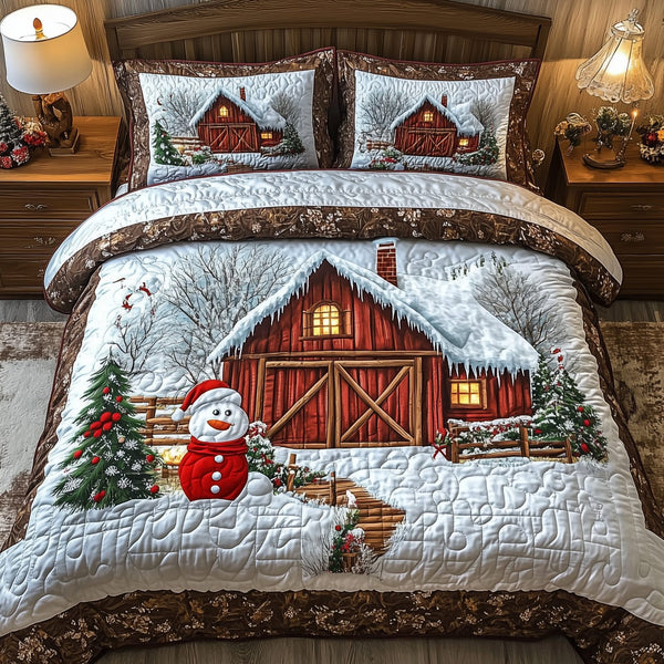 Peaceful Winter Farmhouse quilted 3-piece bedding set on a made bed in a winter-styled bedroom