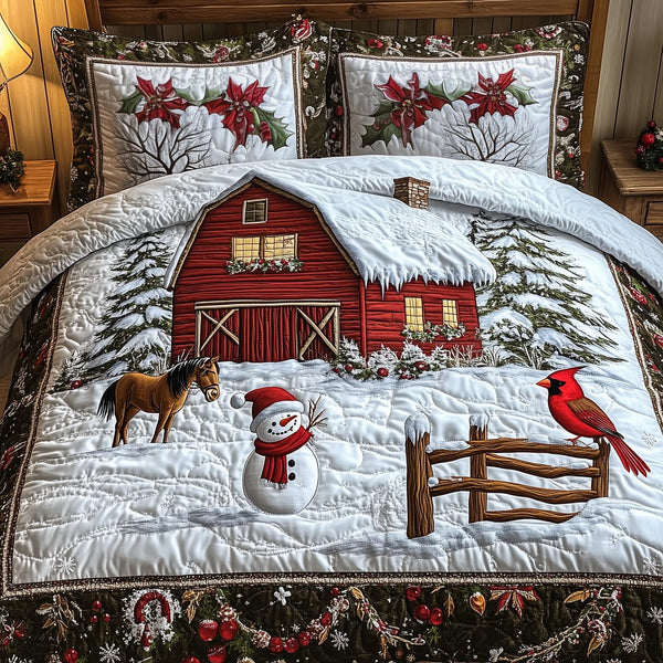 Peaceful Winter Farmhouse quilted 3-piece bedding set on a made bed in a winter-styled bedroom