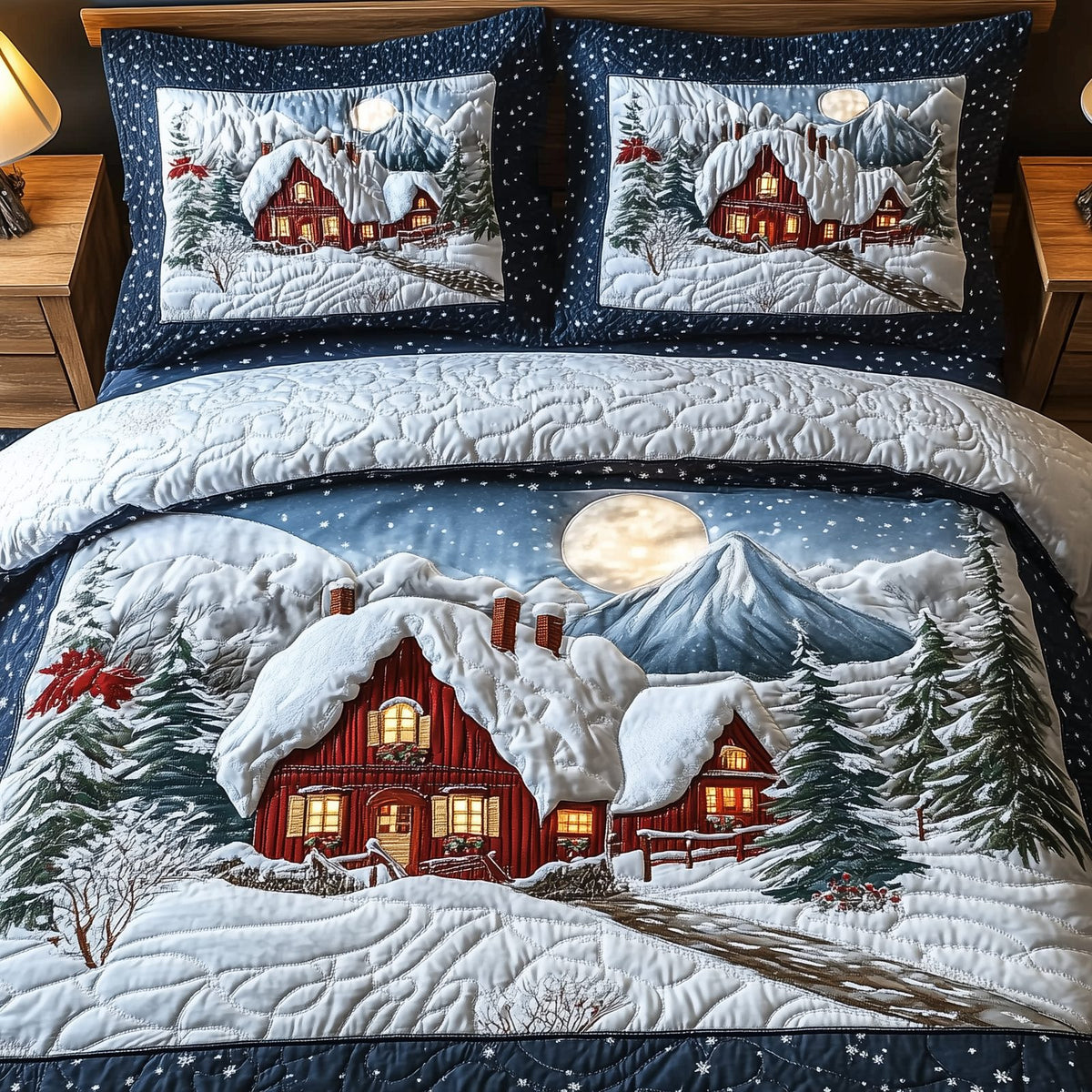 Peaceful Winter House quilted 3-piece bedding set on a made bed in a winter-styled bedroom