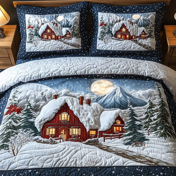 Peaceful Winter House quilted 3-piece bedding set on a made bed in a winter-styled bedroom
