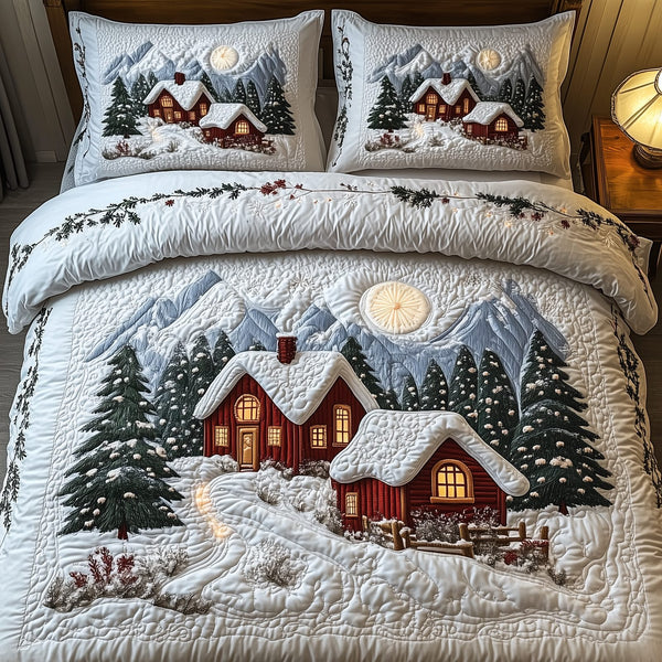 Peaceful Winter House quilted 3-piece bedding set on a made bed in a winter-styled bedroom