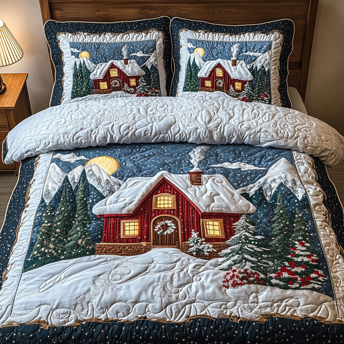 Peaceful Winter House quilted 3-piece bedding set on a made bed in a winter-styled bedroom