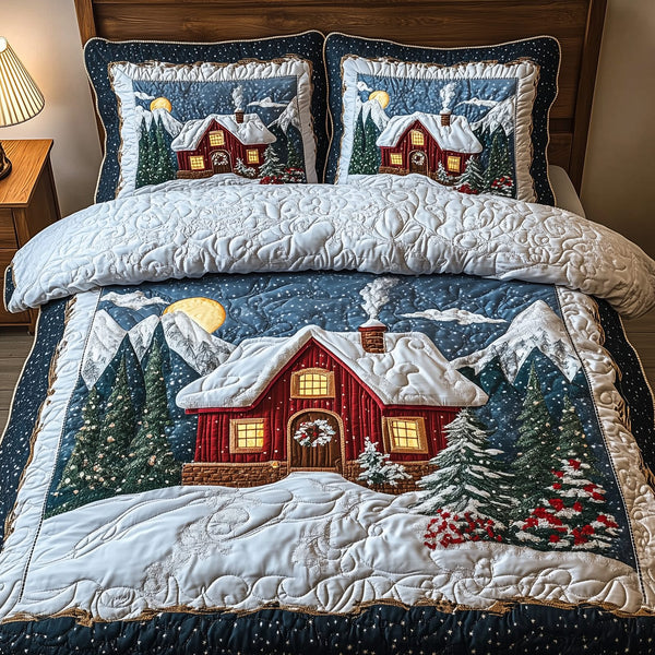 Peaceful Winter House quilted 3-piece bedding set on a made bed in a winter-styled bedroom