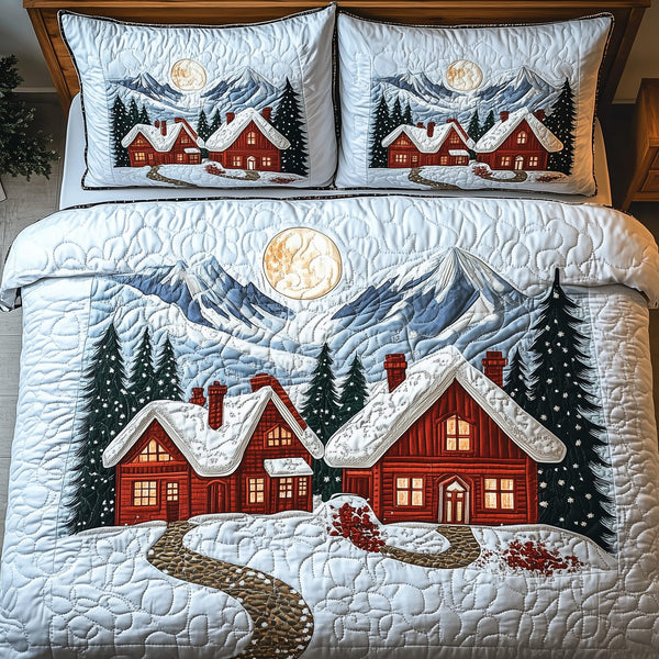 Peaceful Winter Town quilted 3-piece bedding set on a made bed in a winter-styled bedroom