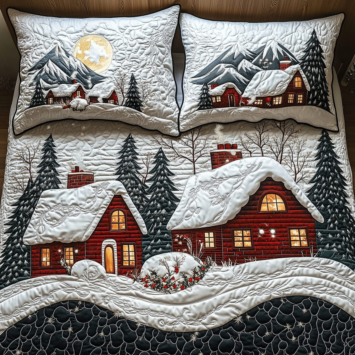 Peaceful Winter Town quilted 3-piece bedding set on a made bed in a winter-styled bedroom