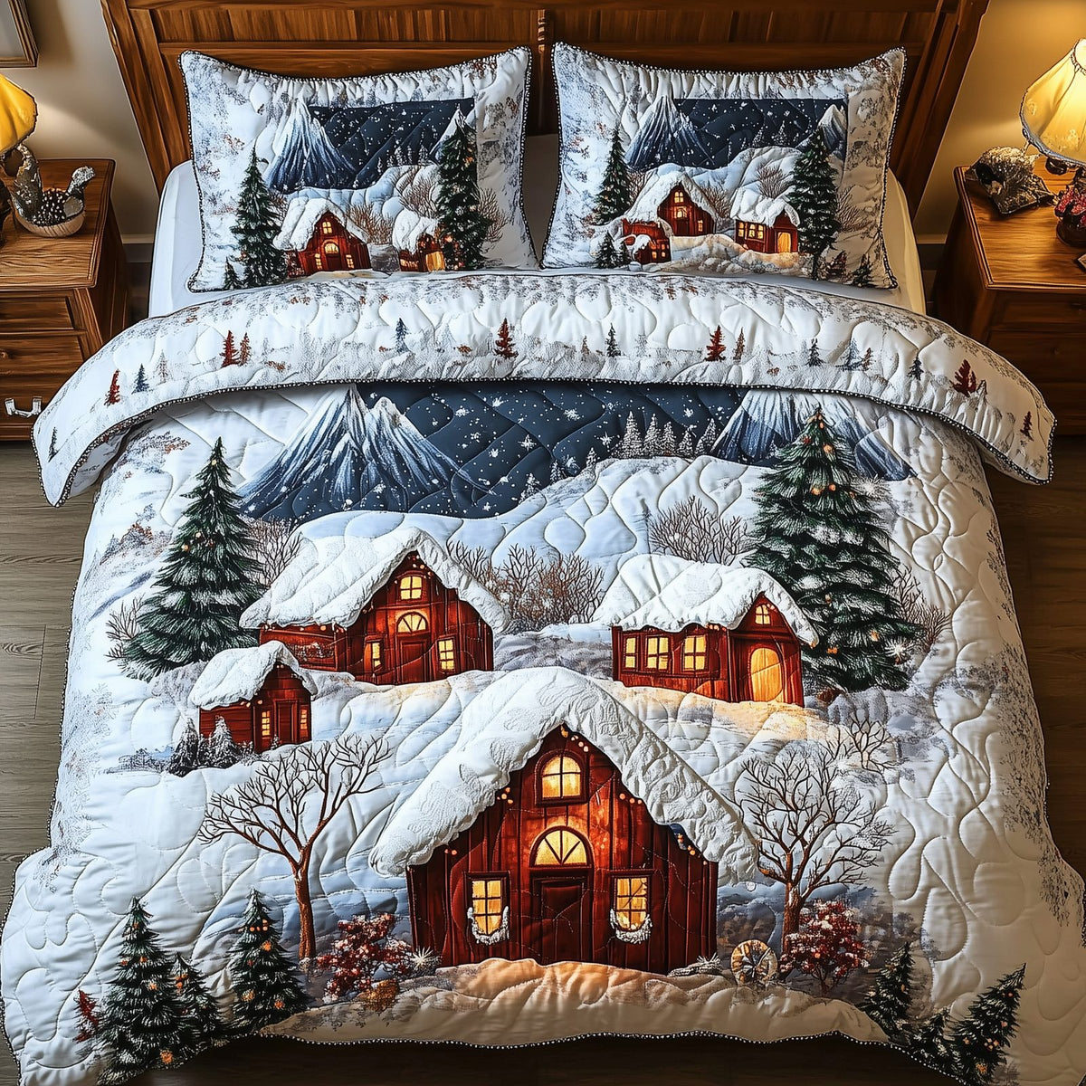 Peaceful Winter Town quilted 3-piece bedding set on a made bed in a winter-styled bedroom