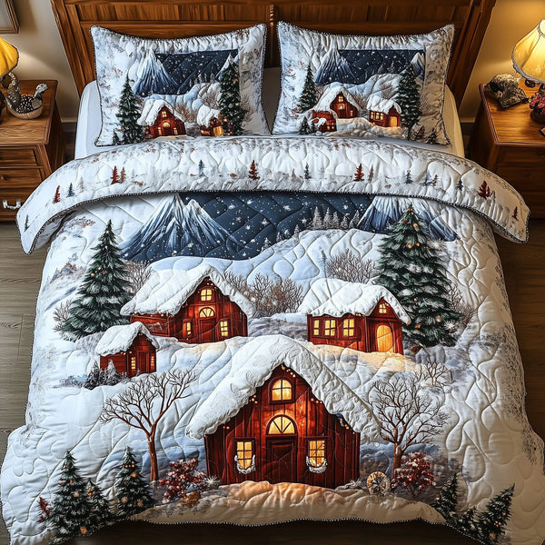 Peaceful Winter Town quilted 3-piece bedding set on a made bed in a winter-styled bedroom