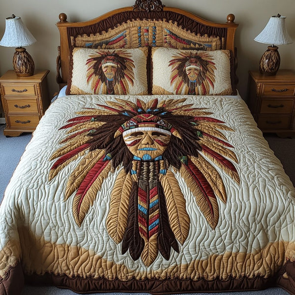 Peacemakers Path quilted 3-piece bedding set on a made bed with two matching pillow shams